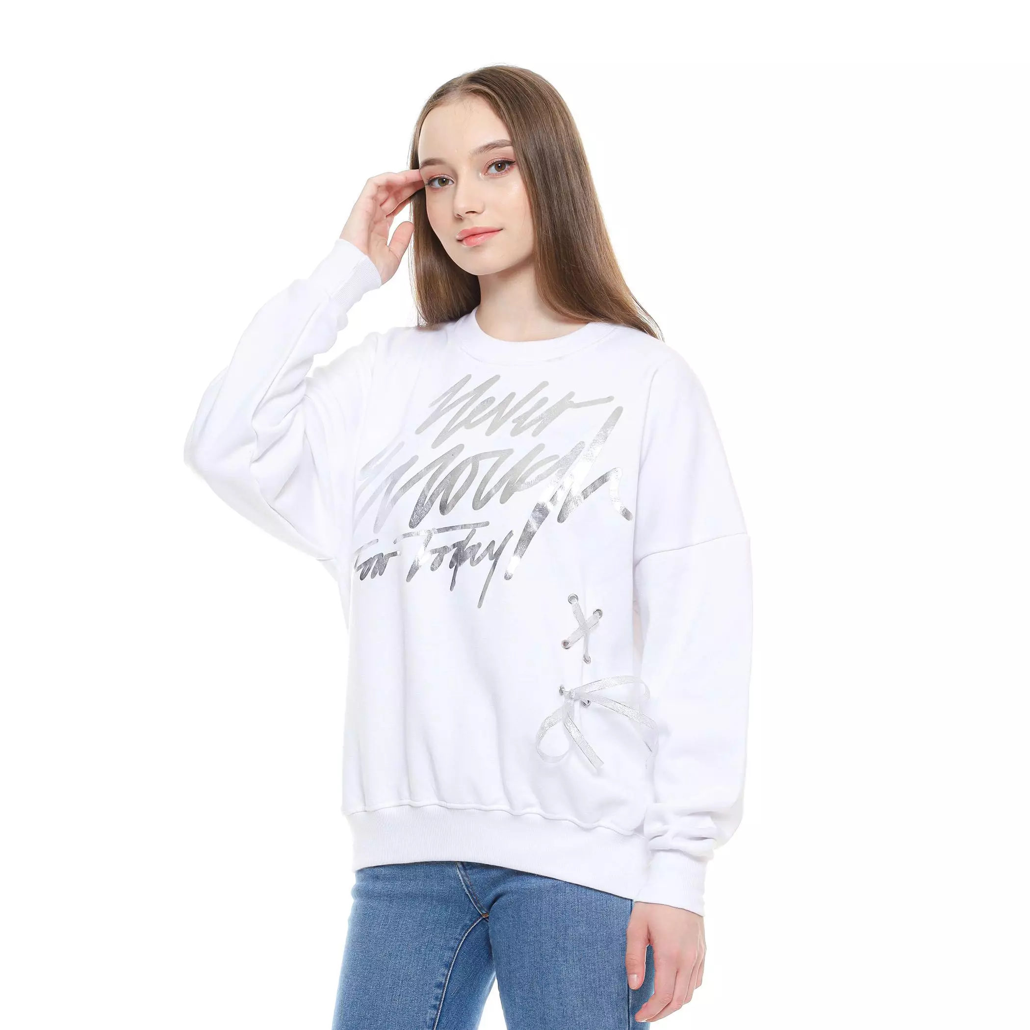 EnoughFor Today Sweater Crewneck Oversize Wanita Pita Samping Putih Silver Ribbon Sweater Fleece Katun Pria Wanita