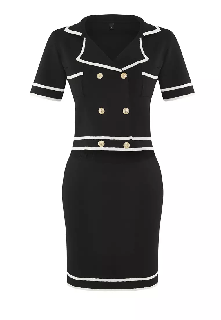 Black Jacket/Skirt Knitwear Top and Bottom Set TWOSS24AU00093