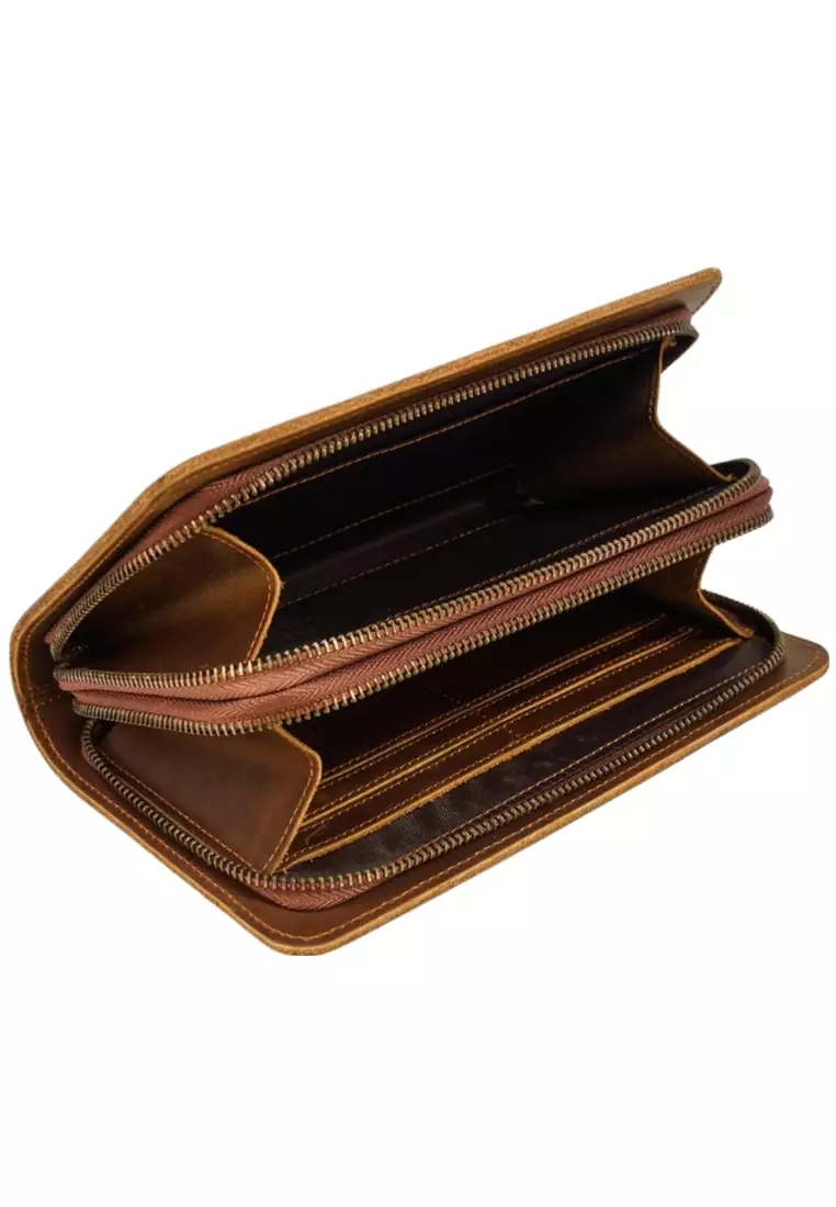 Men's Vintage Genuine Leather Double Zipper Clutch Purse Long Wallet