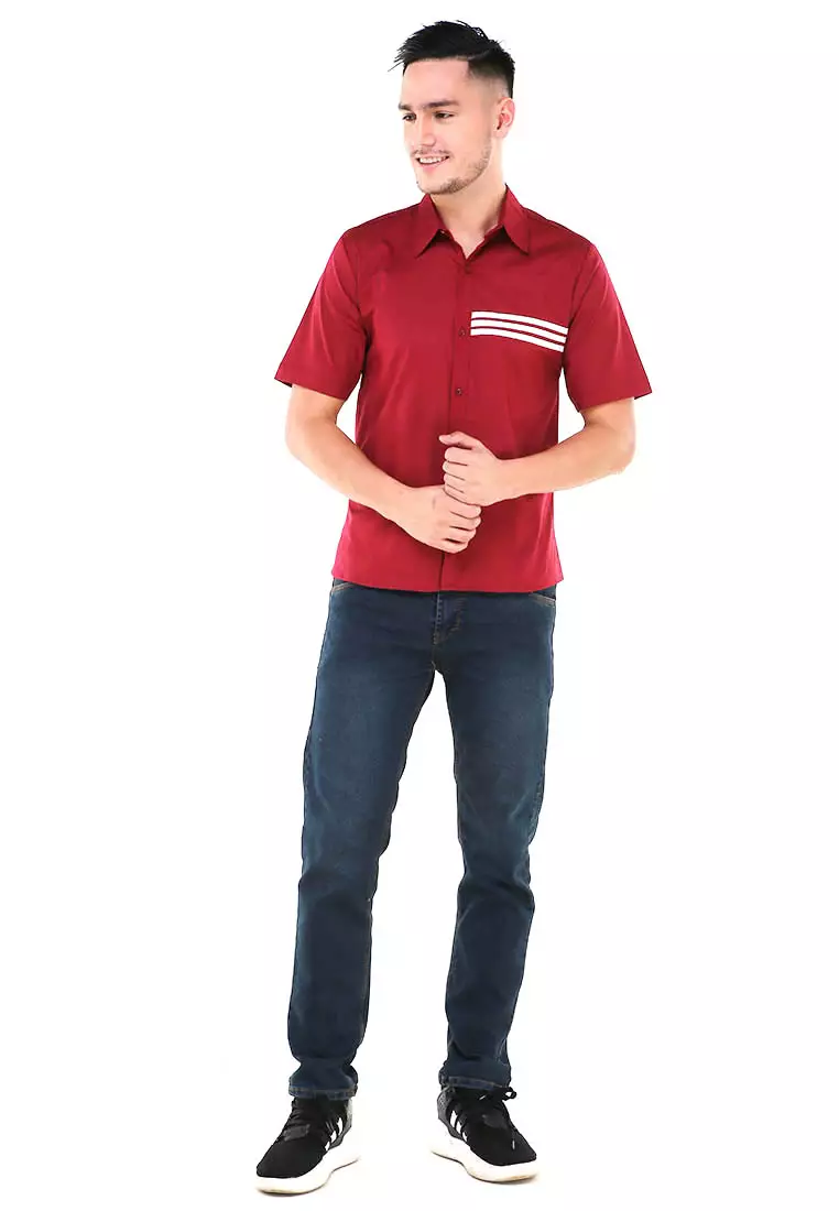Dwan Atasan Kemeja Pria Three Lines Slim Fit Casual Shortsleeve Shirt Material Cotton ORIGINAL - Maroon