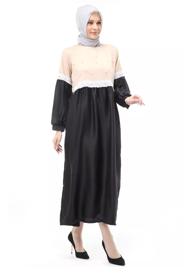 Sarinah Gamis Muslimah Panjang Atasan Wanita Motif Mutiara Regular Fit - Black