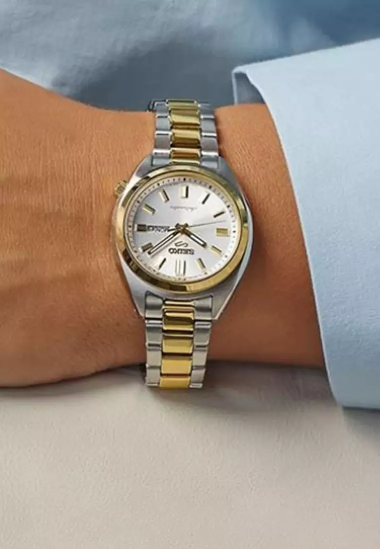 Jam Tangan Wanita Seiko 5 Sport SRE024 SRE024K1 Strap Stainless Steel Dual Tone Silver Gold Color White Stripe Gold