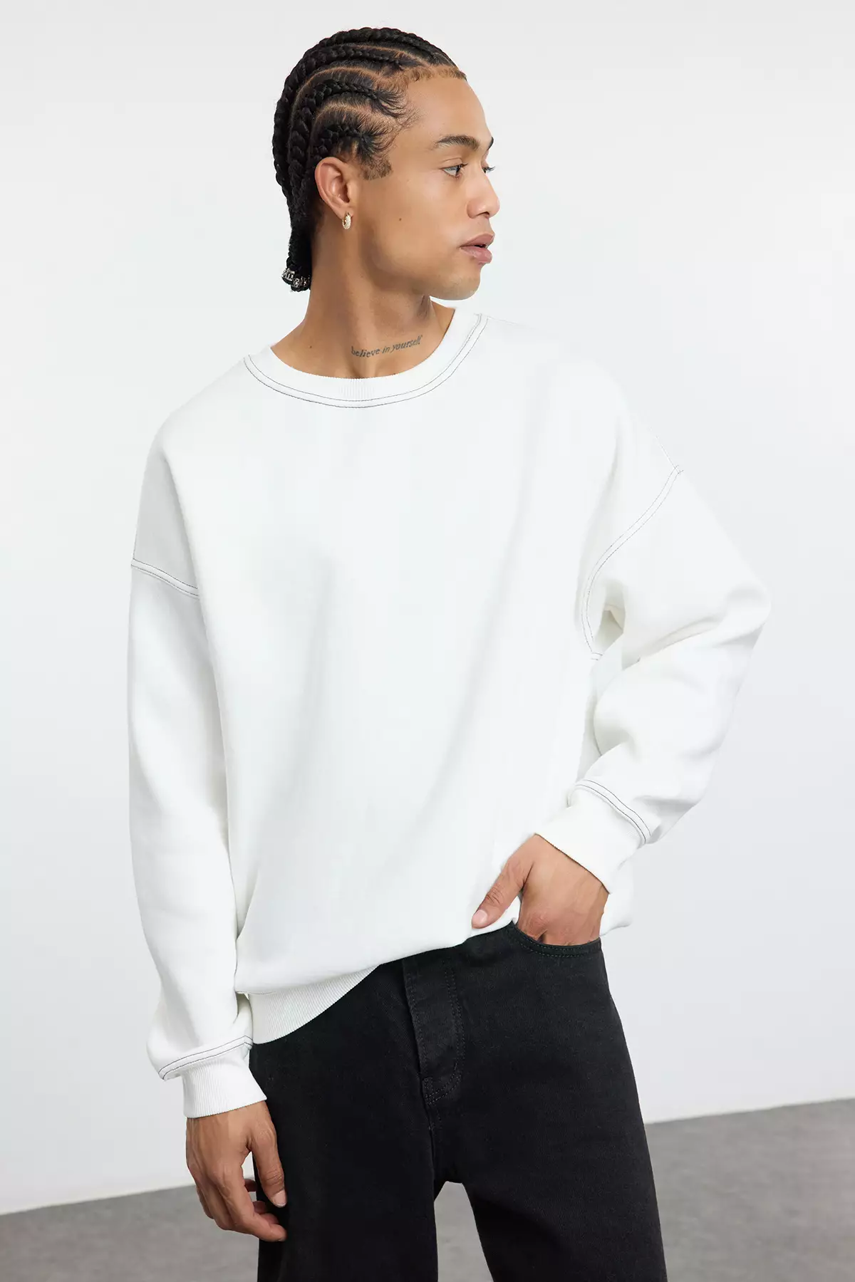 Ecru Fleece Oversize Sweatshirt - Crew Neck, Stitching Detail Tmnaw24Sw00011