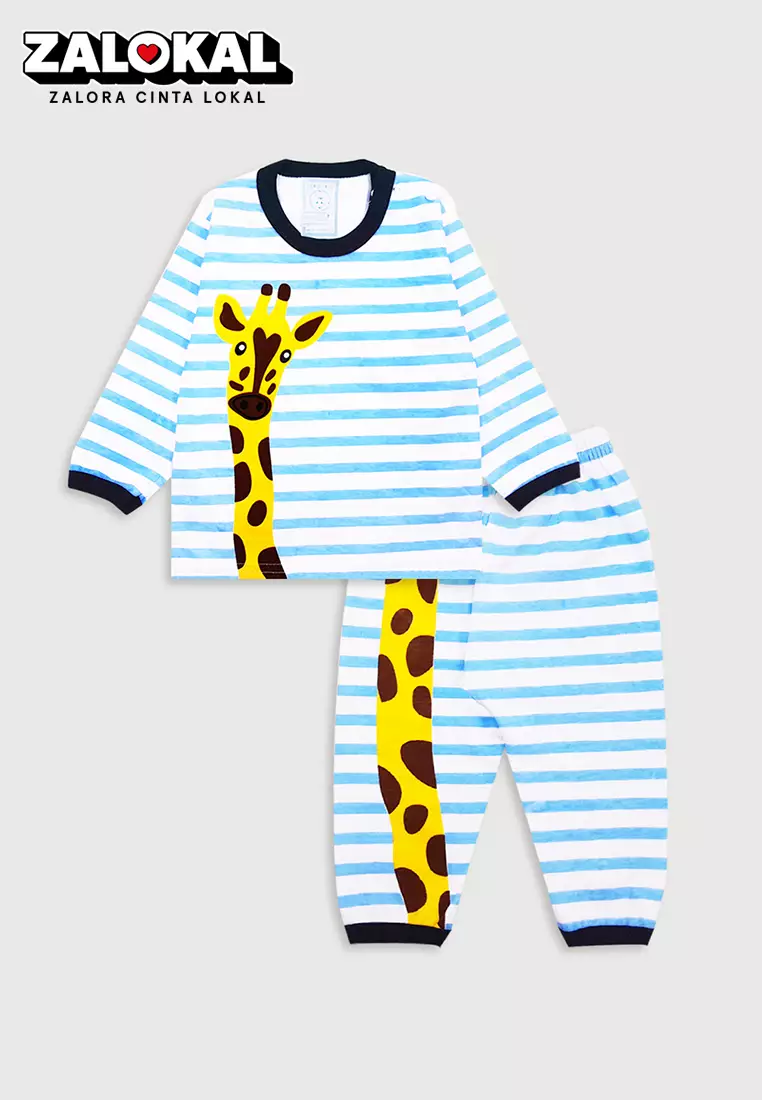 Wakakids Piyama Bayi Anak Laki Laki Usia 0 Bulan Hingga 6 Bulan Setelan Baju Lengan Panjang Motif Giraffe 4086 Hitam