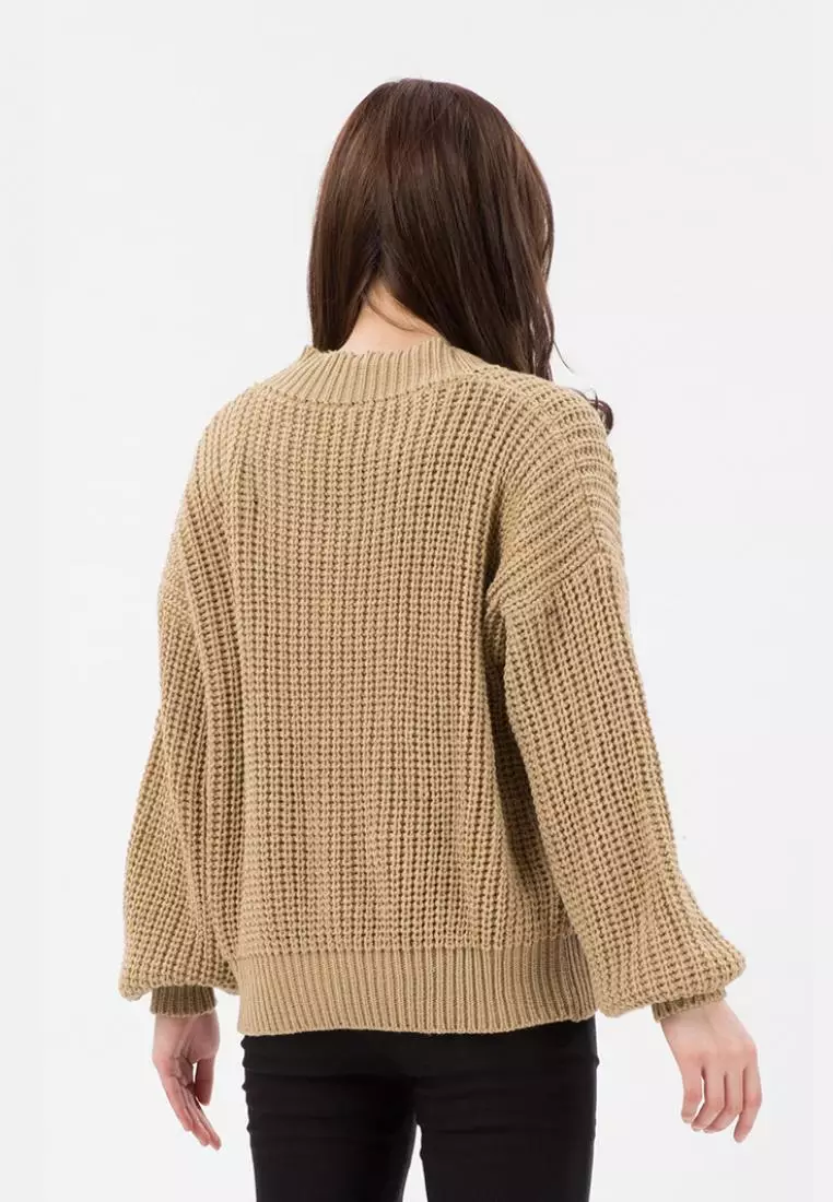 Button Puff Sleeve Knit Cardigan