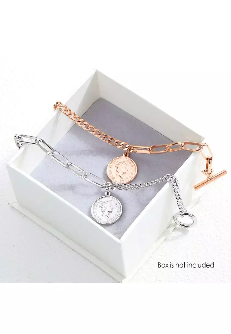 BULLION GOLD Lucky Coin Charm Toggle Clasp Bracelet in White Gold Layered Steel Jewellery