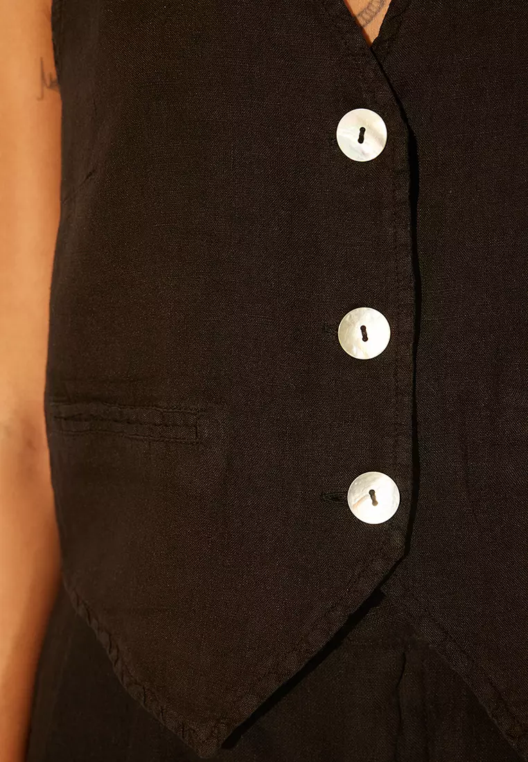 Black 100% Linen Fitted Vest TWOSS24YE00040