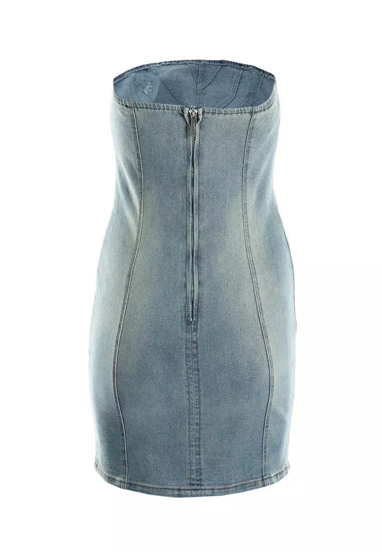 無肩帶牛仔迷你連身裙