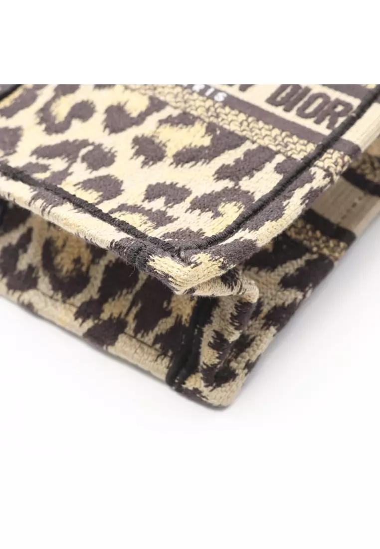 Pre-Loved Christian Dior BOOK TOTE book tote mini Phone Bag Handbag leopard canvas beige black