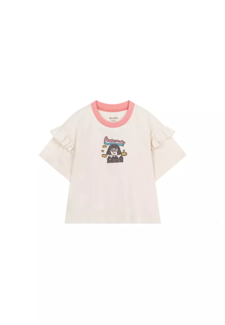 女小童短袖T恤趣味笔触感印花木耳边T恤