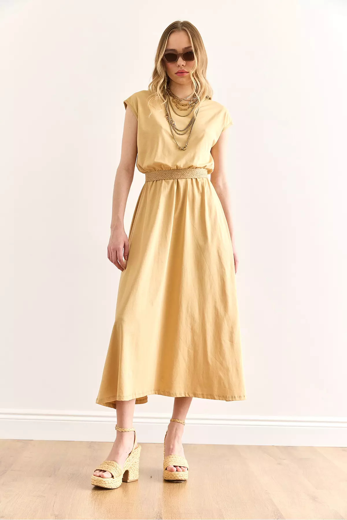 Women's Beige Elastic Waist Bat Combed Cotton Dress Elb-19001509