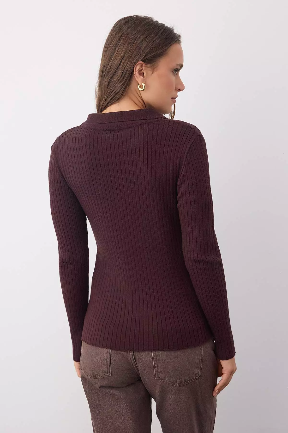Wardrobe Essentials Brown Premium Yarn Polo Neck Ribbed Knit Sweater |
