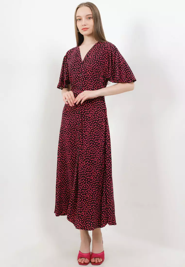 Printed V-Neck Midi Tea Dress