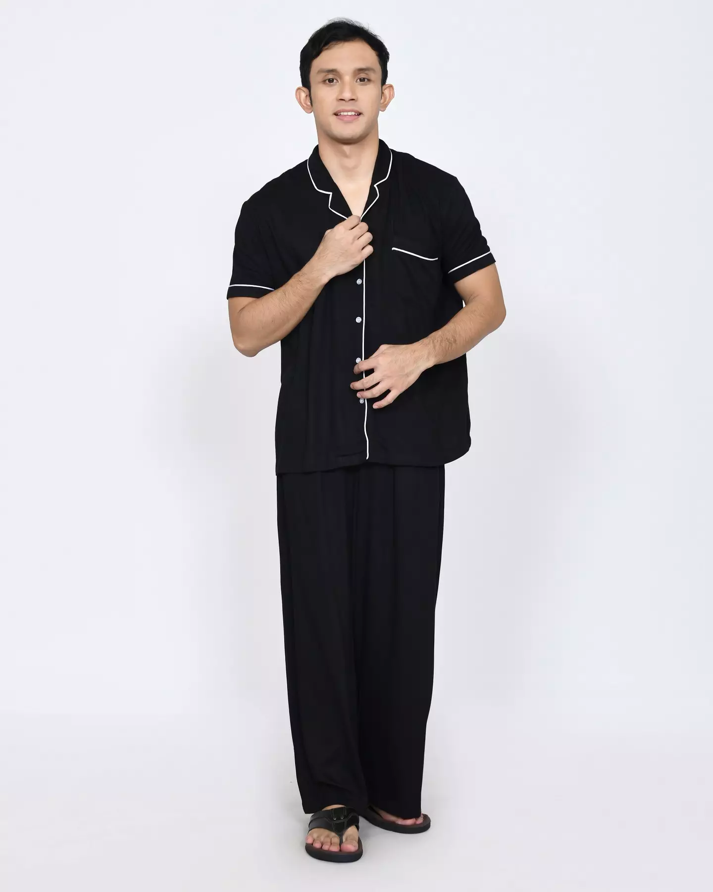 Setelan Baju Tidur Pendek Piyama Pria Plain [HITAM] One Set Sleepwear Pajamas Material Katun ORIGINAL