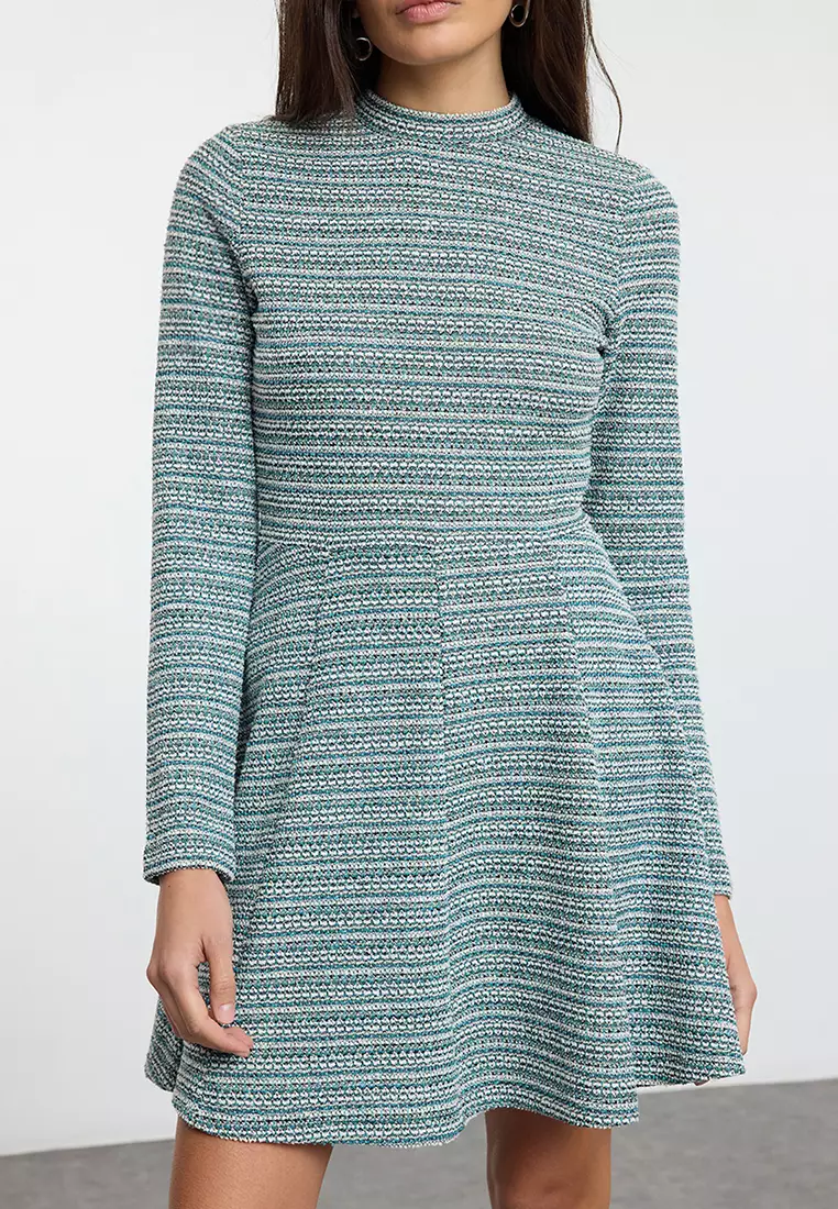 Buy Trendyol Green Tweed Mini Knitted Dress Crew Neck Flounces Skater Style  2026 Online | ZALORA