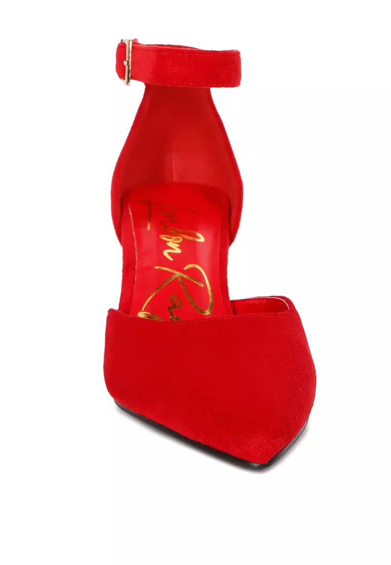 Sandal Bertumit Sudut Aksen Metalik Merah