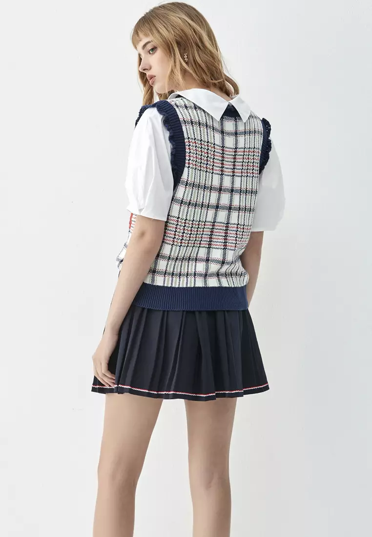 Checkered Knit Vest With Floral Embroidery