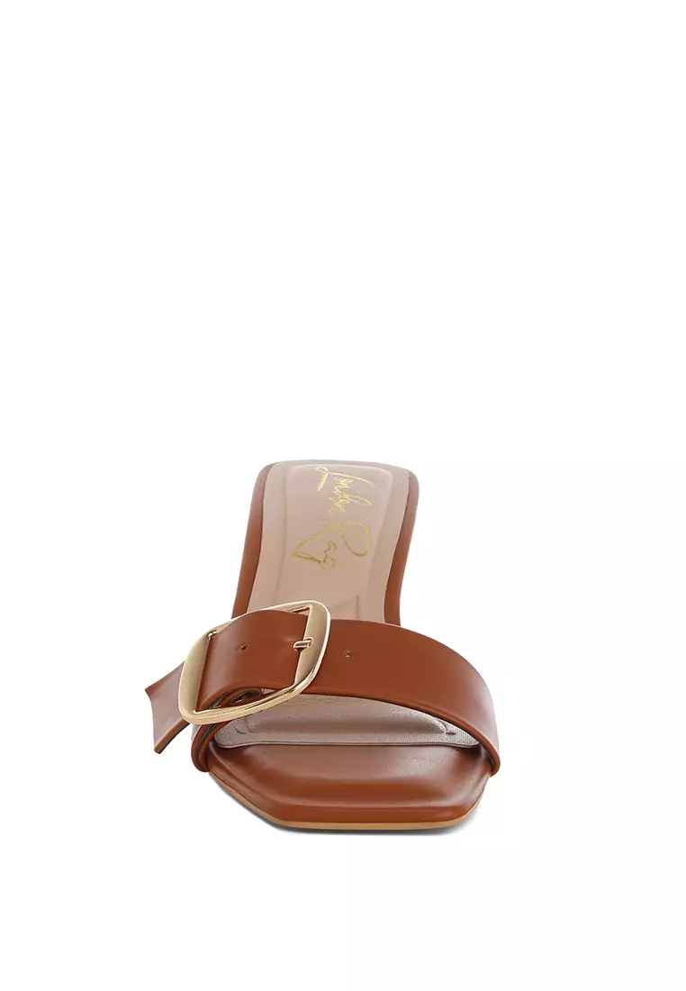 Buckle Strap Slip On Sandals in Tan