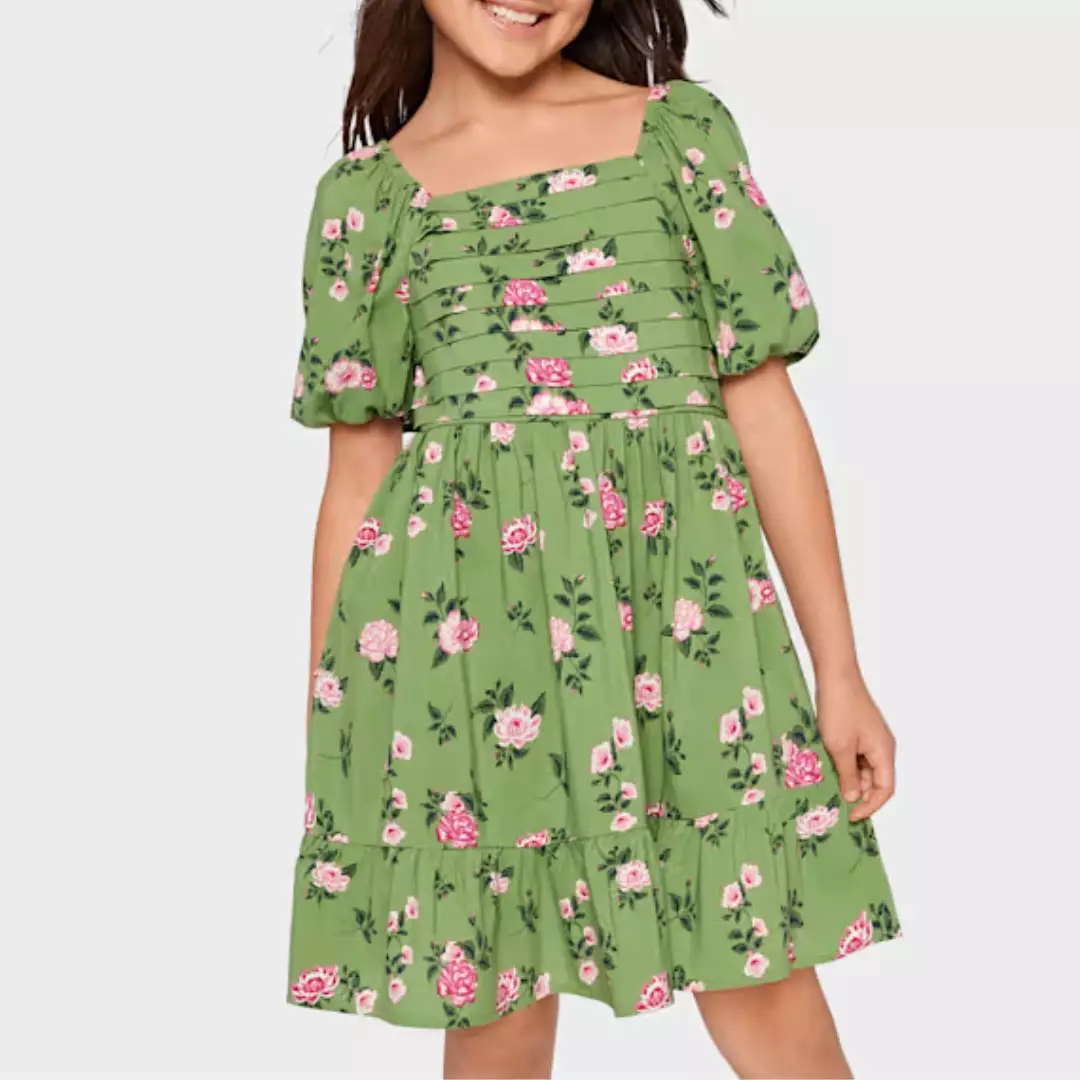 Girls Floral Pleated Ruffle Dress - Baju Anak Perempuan (Hijau)