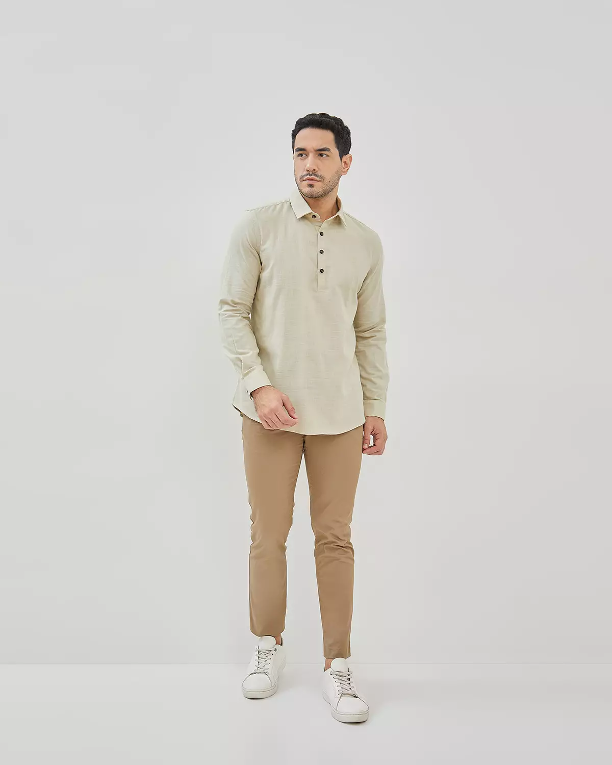 MEN'S CREAM HALF-PLACKET LONG-SLEEVED REGULAR SHIRT