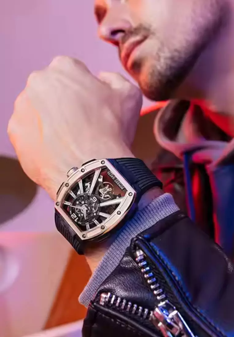 自動中性不鏽鋼手錶，橡膠錶帶