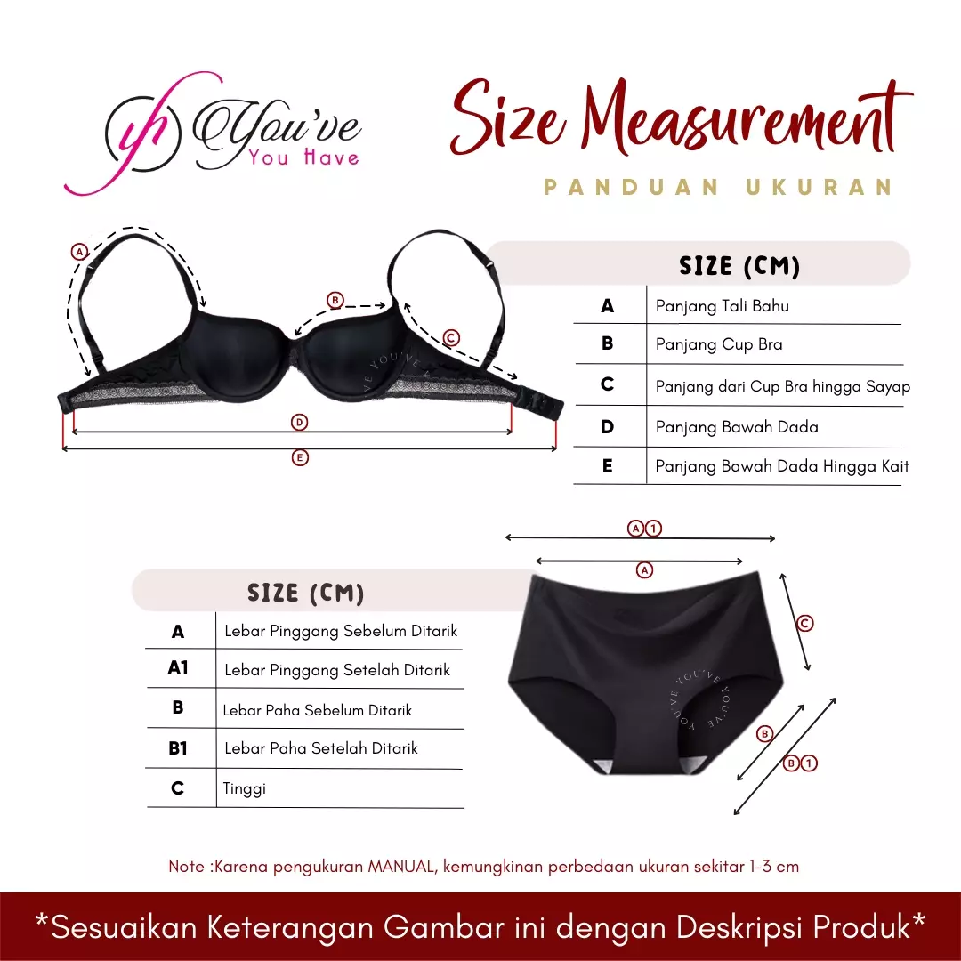 You've (YouHave) BH Set Bra Set Wanita Kawat Bahan Brokat Busa Sedang Cup B Kait 3 Renda 200025