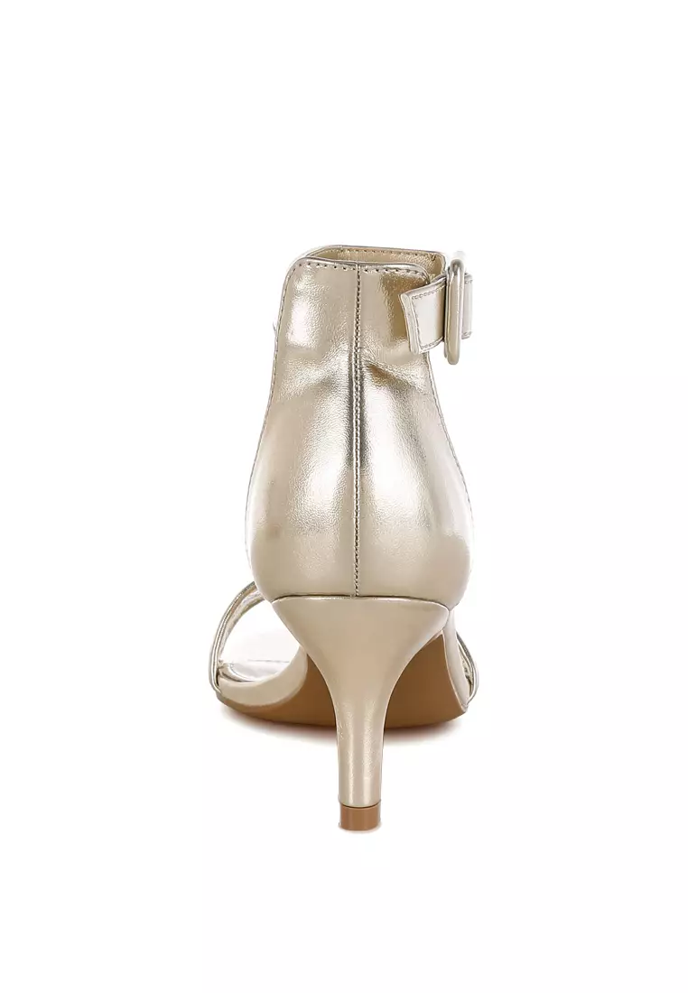Metallic Faux Leather Kitten Heel Sandals In Gold