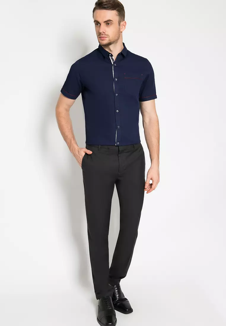 Johnwin - Kemeja Lengan Pendek - Navy - Polos Garis - ASH.670.K880.792.C S/S
