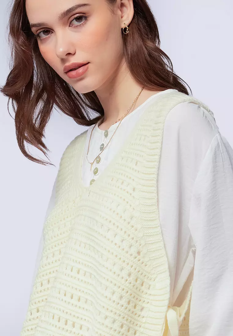 V-Neck Crochet Vest with Side Tie ECRU