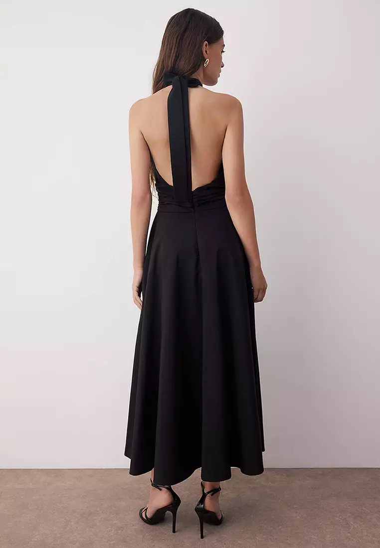 Black Low-Cut Halter Neck Poplin Lined Woven Dress