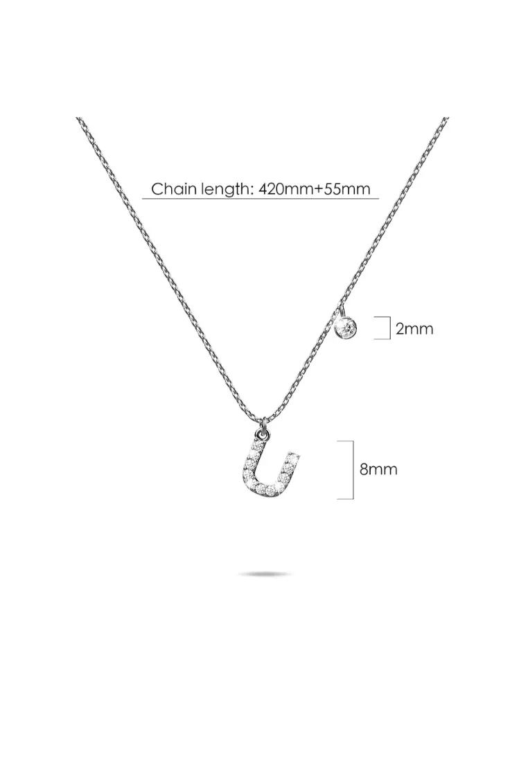 Solid 925 Sterling Silver Initial Crystal Personalised Alphabet Letter Necklace Silver- U