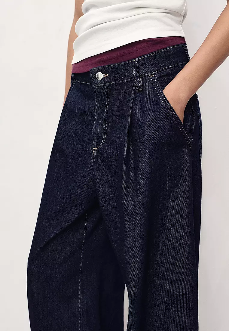 Wide-Leg Pleated Jeans