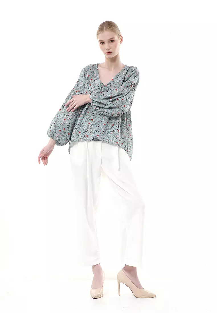 Milea Blouse Balon Atasan Wanita Motif Flower Premium Quality - Stone