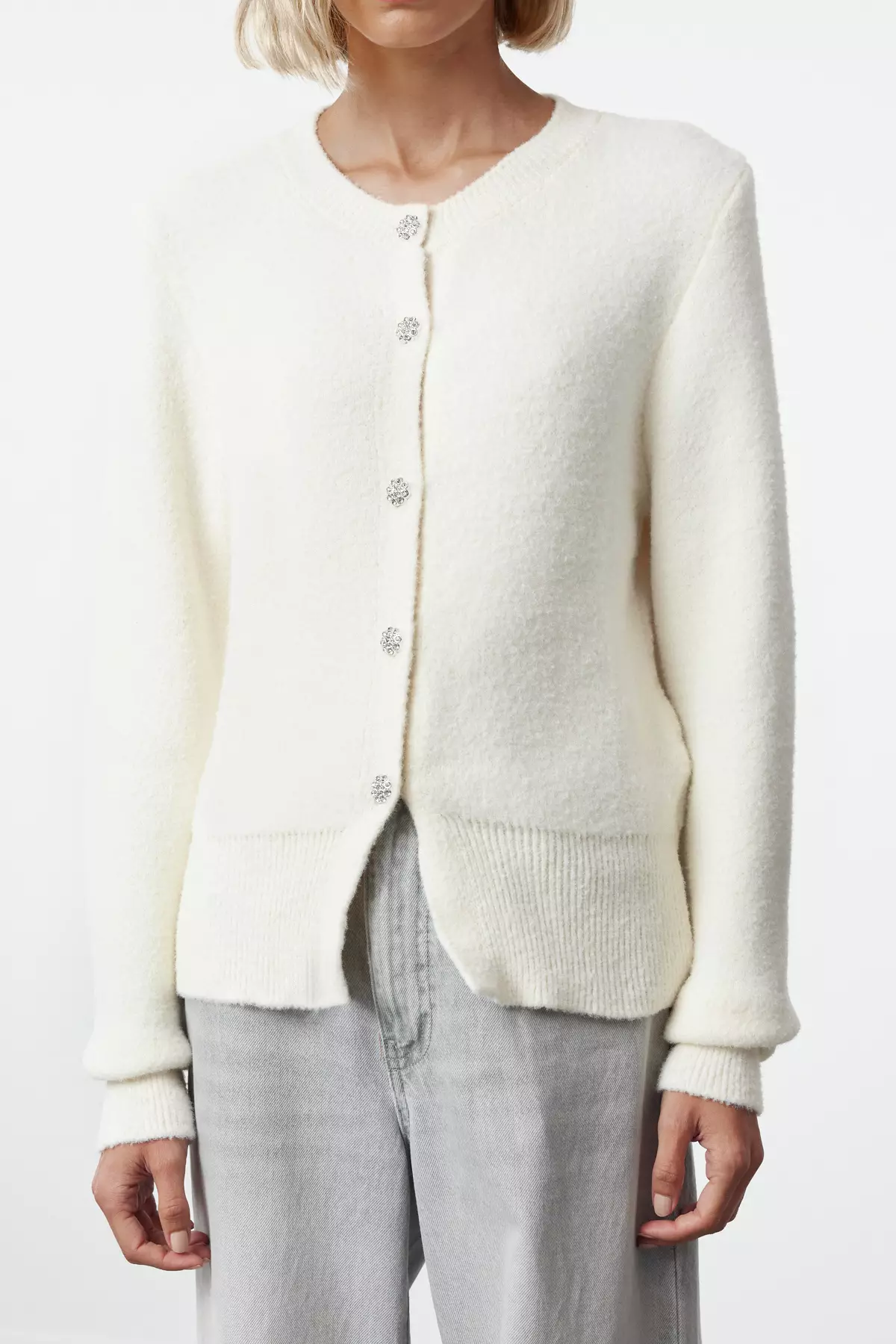 Ecru Extra Soft Textured Knitted Cardigan TWOAW25HI00119