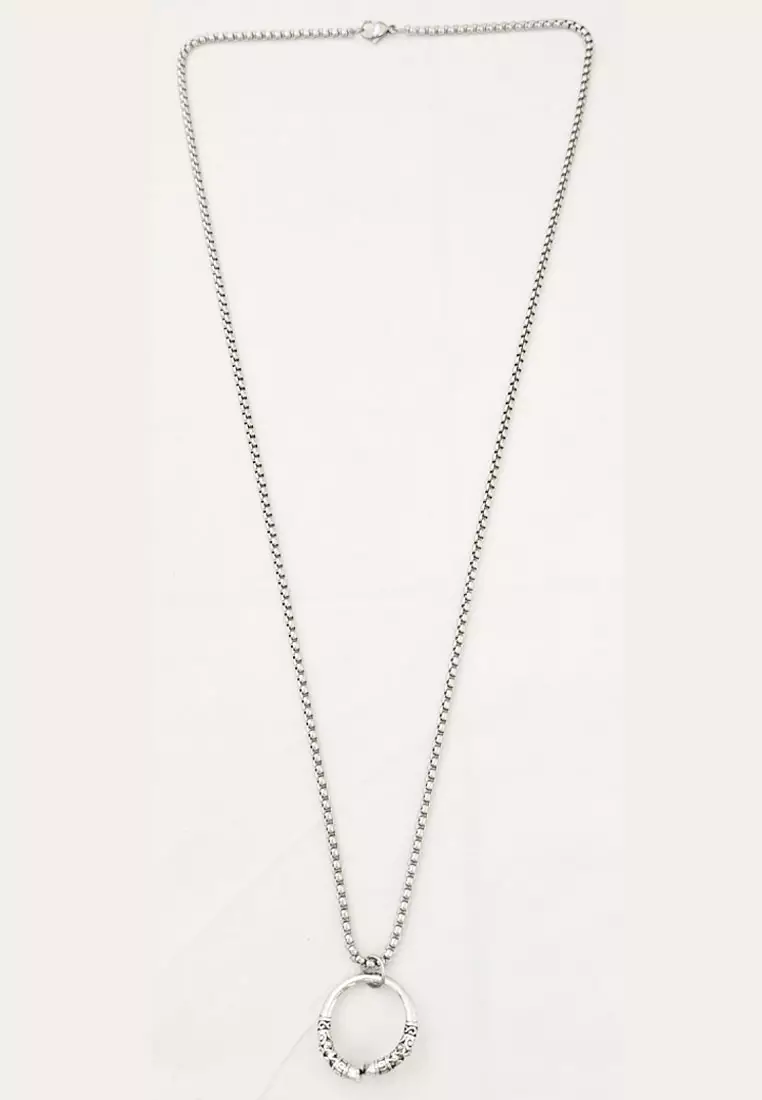 Aksesoris Pria Curled Ring Pendant Premium Stainless Steel Necklace Kalung Pria Cincin Silver