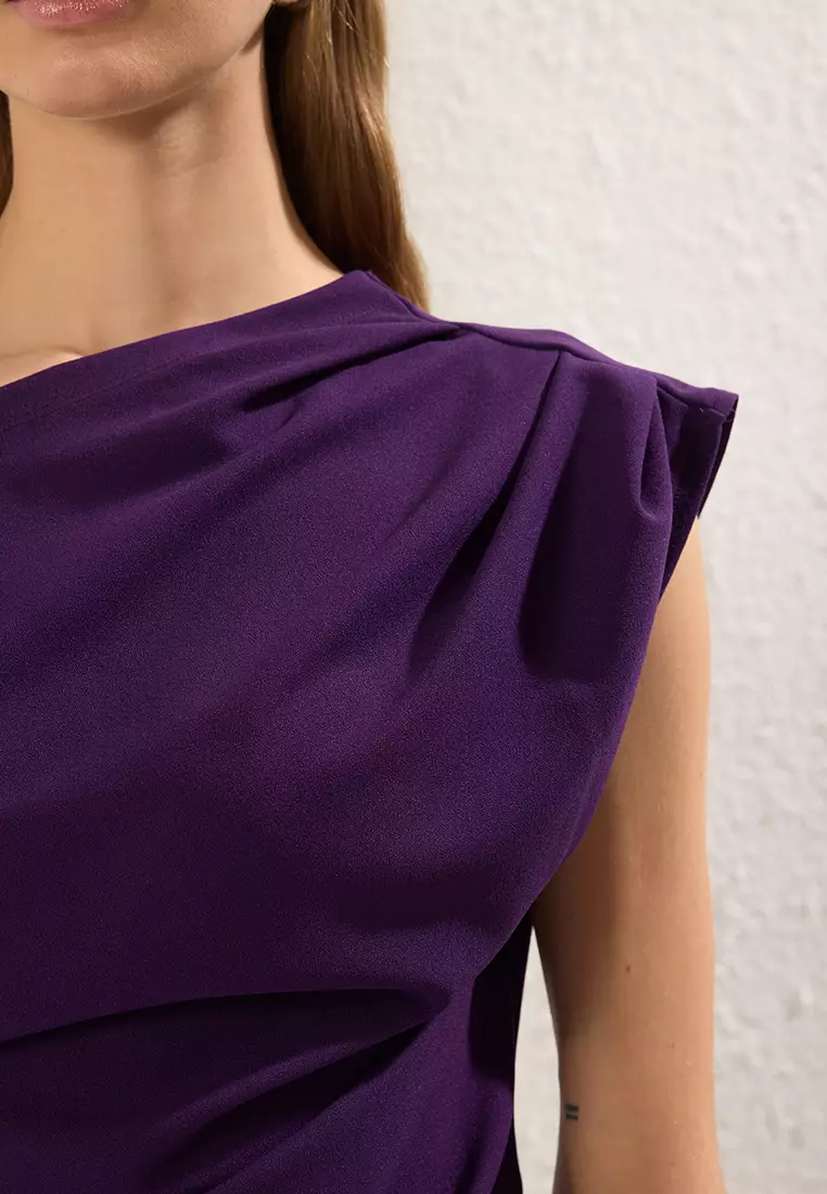 Purple Gathered/Draped Detailed Flowy Asymmetric Collar Knitted Blouse TWOSS25BZ00024