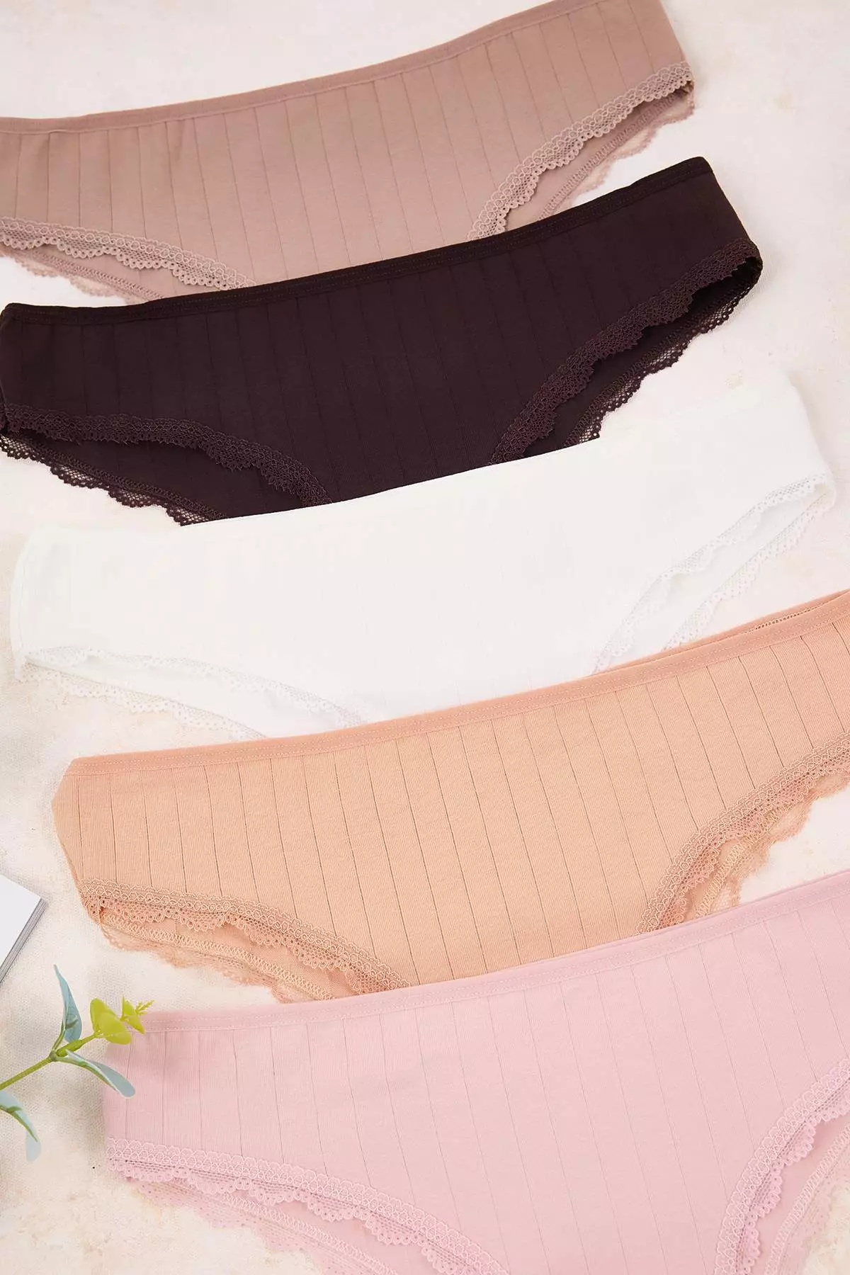 Brown-Multicolor Cotton 5-Pack Lace Trim Striped Brazilian Knitted Panties Thmss26Ku5