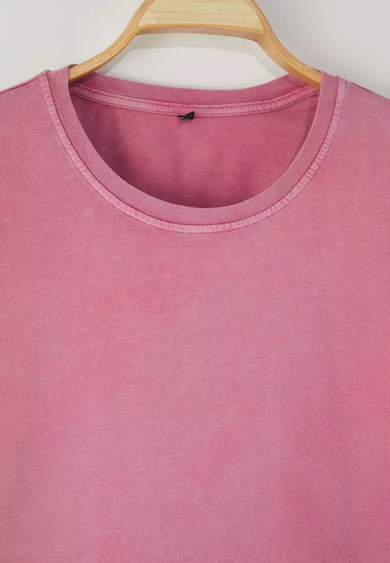 Dusty Rose Oversize Square Cut Low Shoulder  100% Cotton Basic T-Shirt TMNAW25TS00008