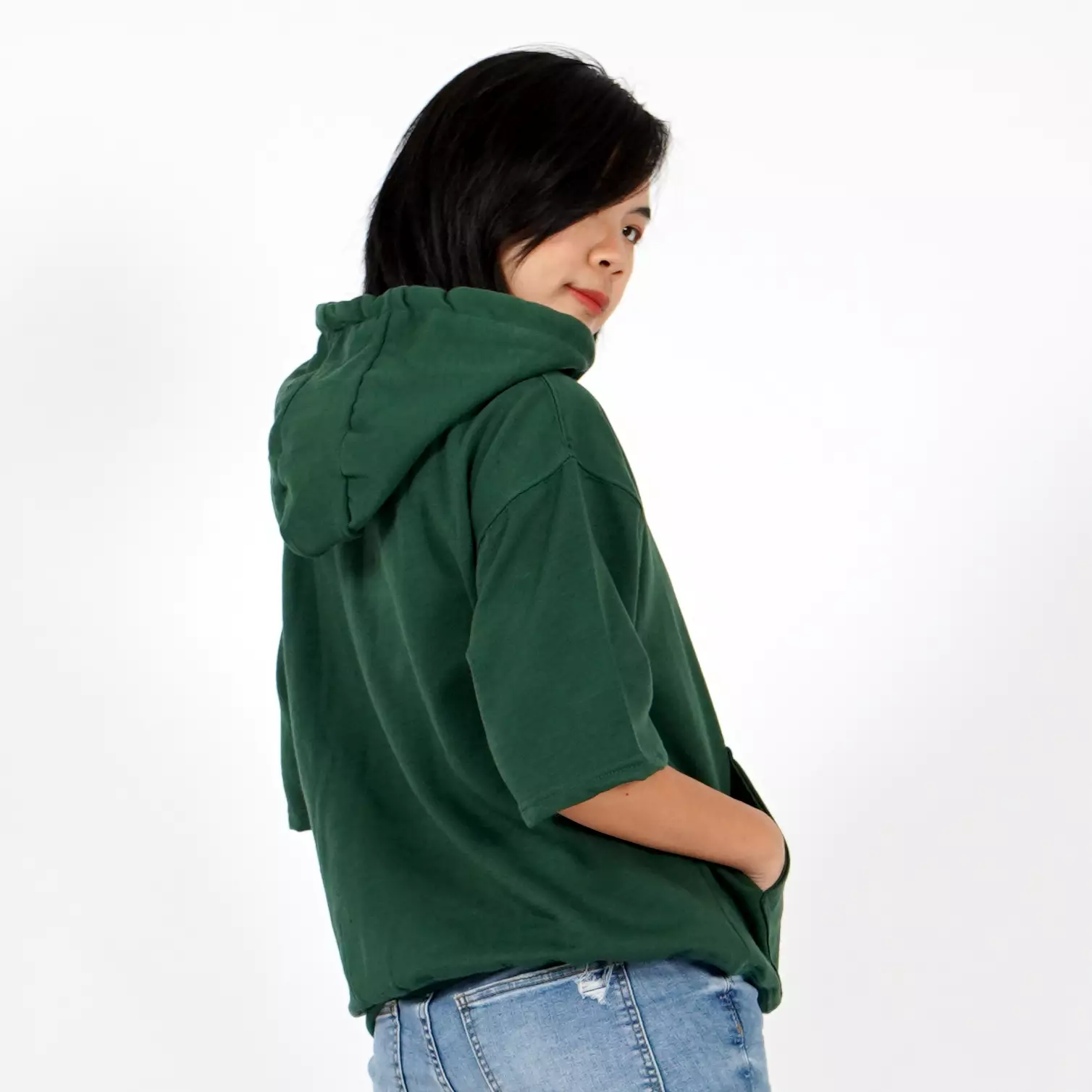  RICHA Top Hoodie Lengan Pendek Wanita Sweater Hoodie Short Sleeve-HIJAU