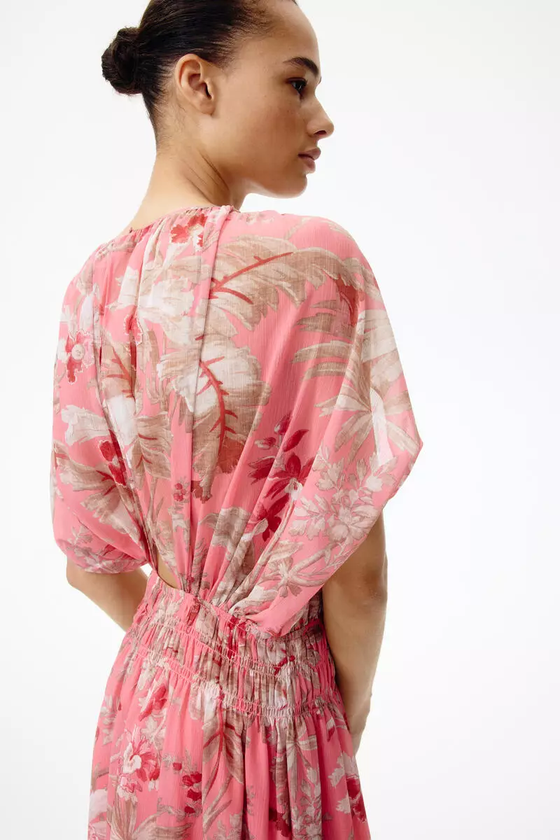 h&m chiffon dress pink H&M Pink Pintuck V Neck Short Sleeve Chiffon