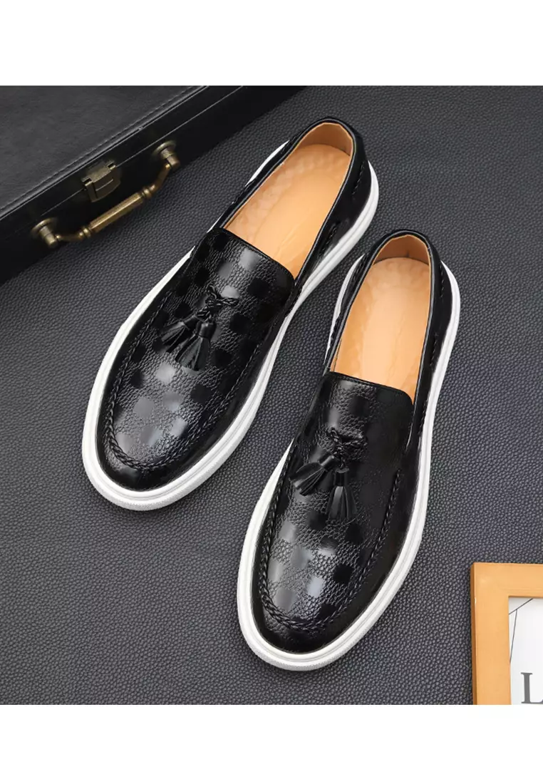 Checkered Pattern Synthetic Leather Tassel Loafers WZWH-S11
