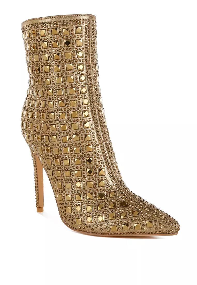 London Rag Pointed Toe Rhinestones Stiletto Boots in Gold 2025