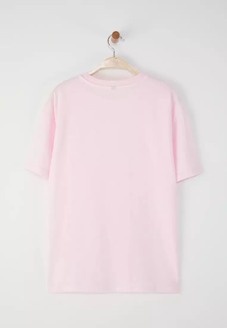 Light Pink 100% Cotton Crew Neck Oversize/Wide Pattern Knitted T-Shirt Twoss20Ts0134
