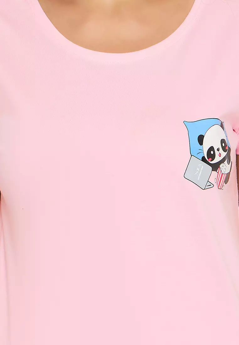 Clovia Panda Print Top & Chic Basic Shorts Set in Baby Pink - 100% Cotton