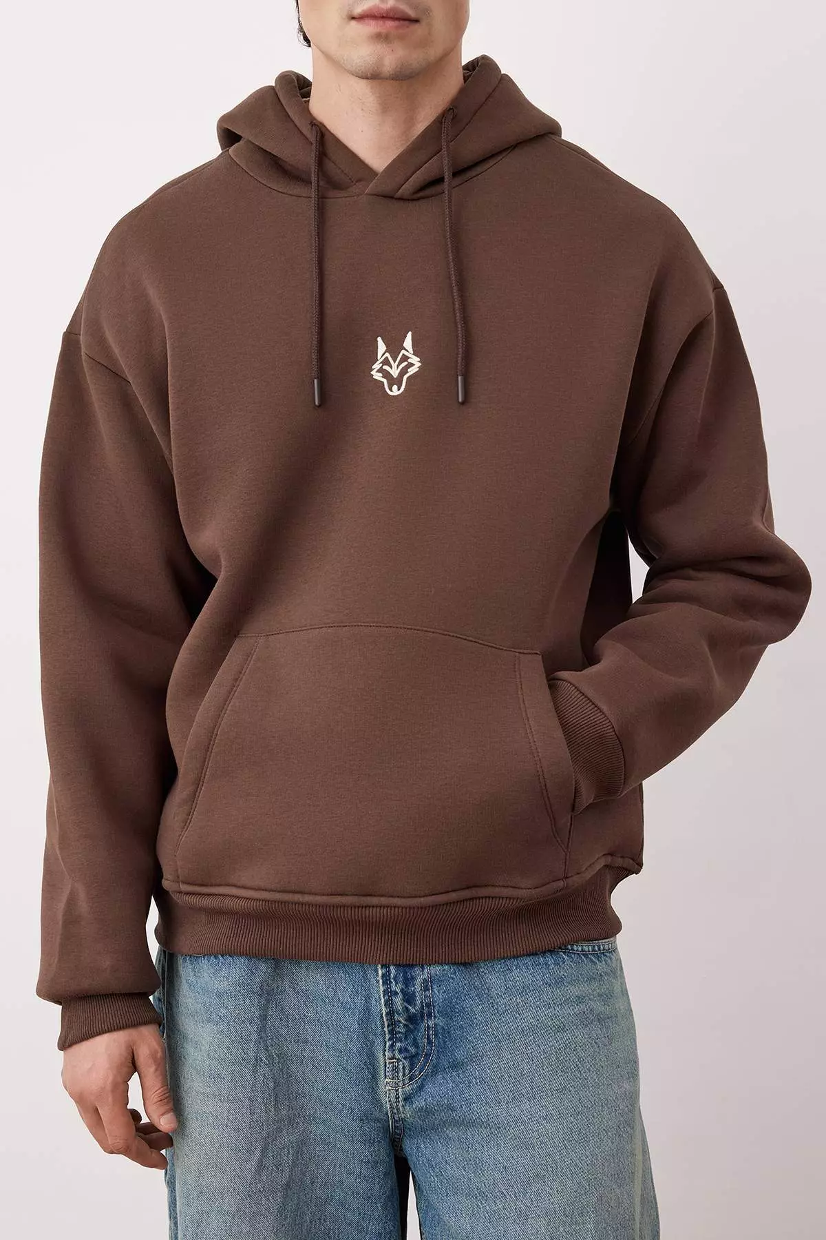 Dark Brown Regular Cut Hooded Polar Fleece Inside Tiger Embroidered Sweatshirt