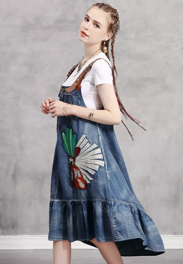 Irregular Slit Denim Strap Dress For Women Vintage Loose Long