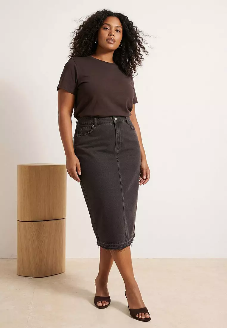 Brown Front Slit Midi Length %100 Cotton Non-Stretch Large Size Denim Skirt Tbbss23Az00054