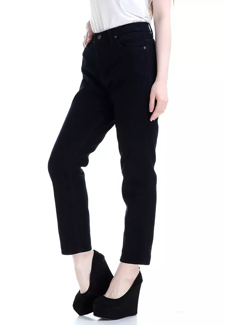 Marilyn Jeans Wanita High Waist Boyfriend Woman Design Simple - Hitam