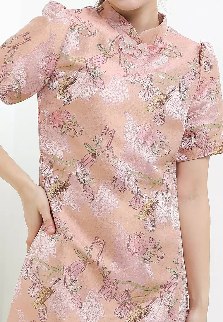 Puff Sleeves Flo Jacq Print Qipao Dress W/ Flo Brooch