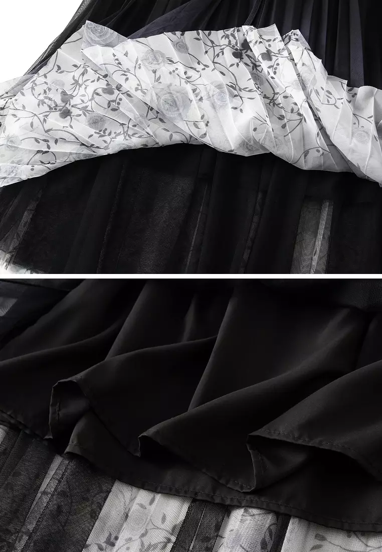 Floral Mesh Pleated Skirt AF-J898